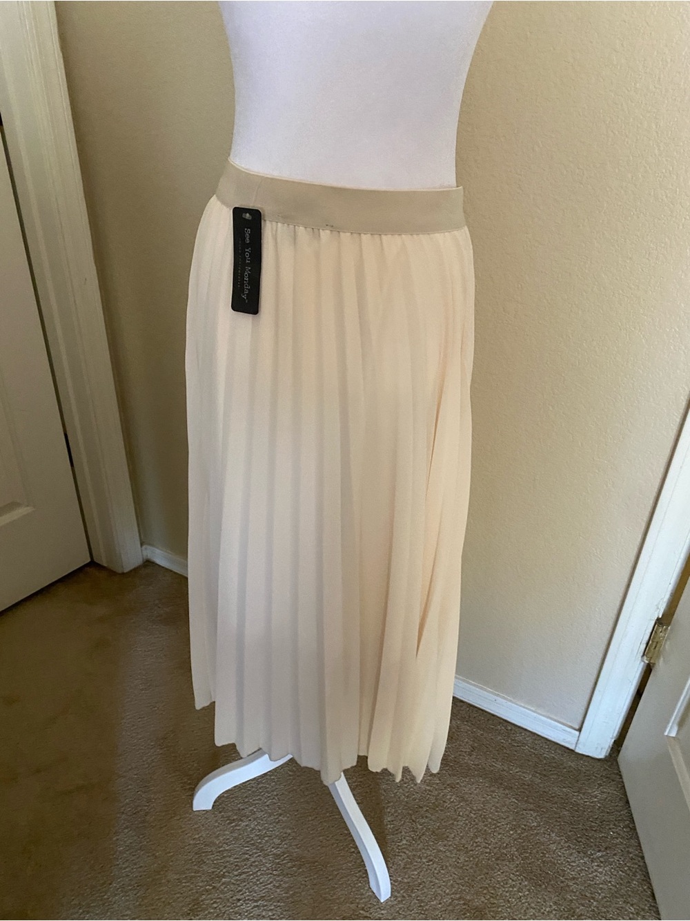 See You Monday Pleated Cream Midi Skirt